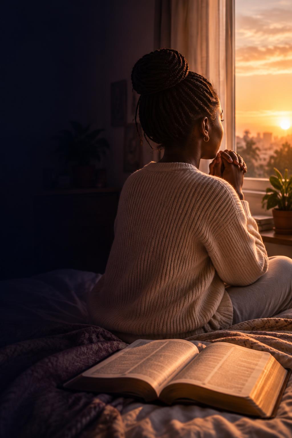 Une femme en prière à l'aube, près d'une Bible ouverte